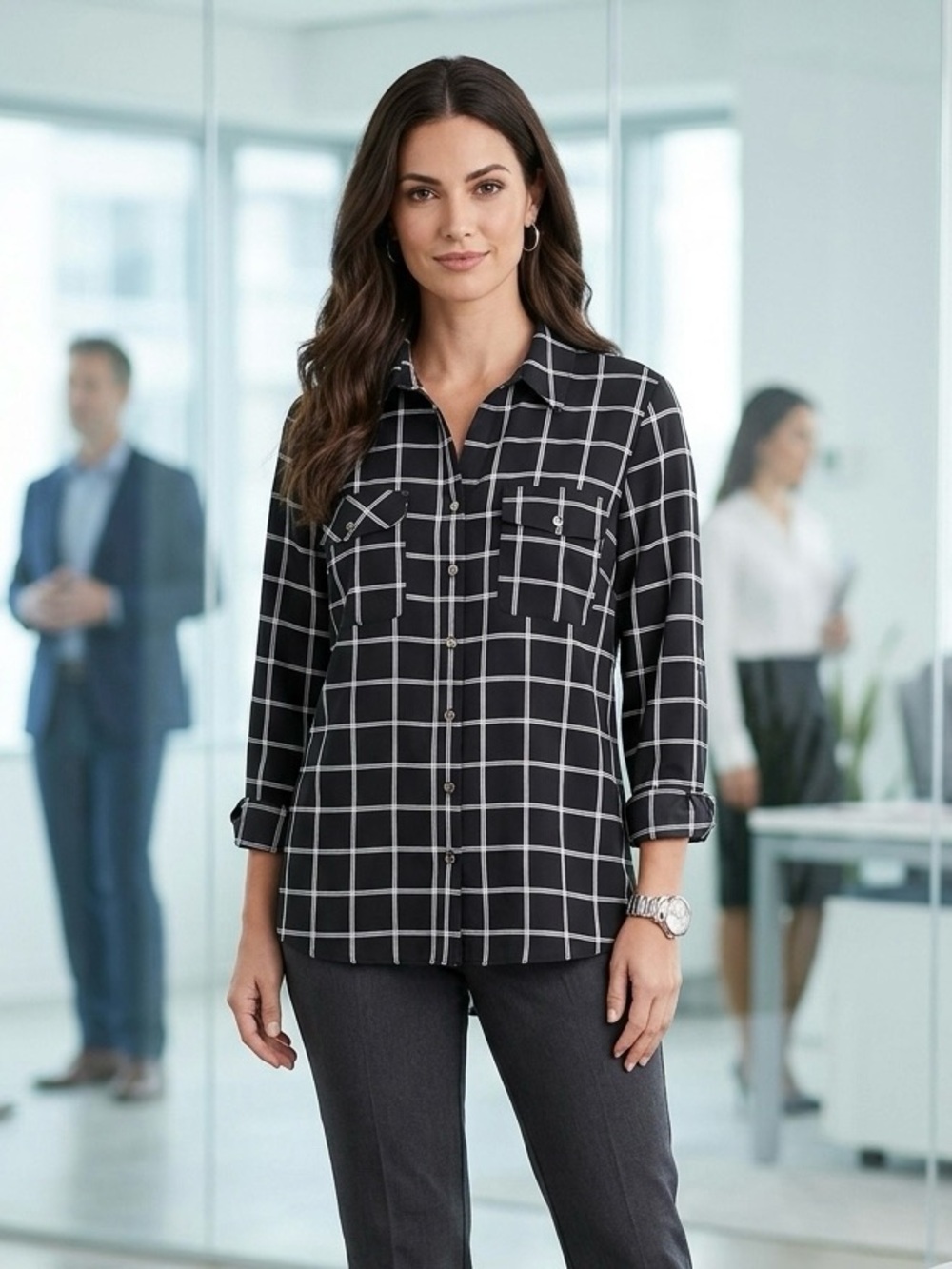 Notations Black & White GUC 
Windowpane Button-Front roll sleeve
Blouse size LG